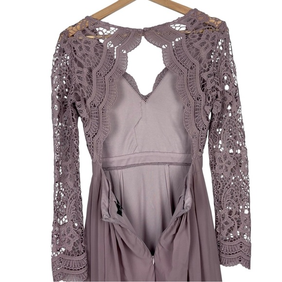 LULUS AWAKEN MY LOVE DUSTY LAVENDER LACE LONG SLEEVE CHIFFON MAXI DRESS - Picture 9 of 14